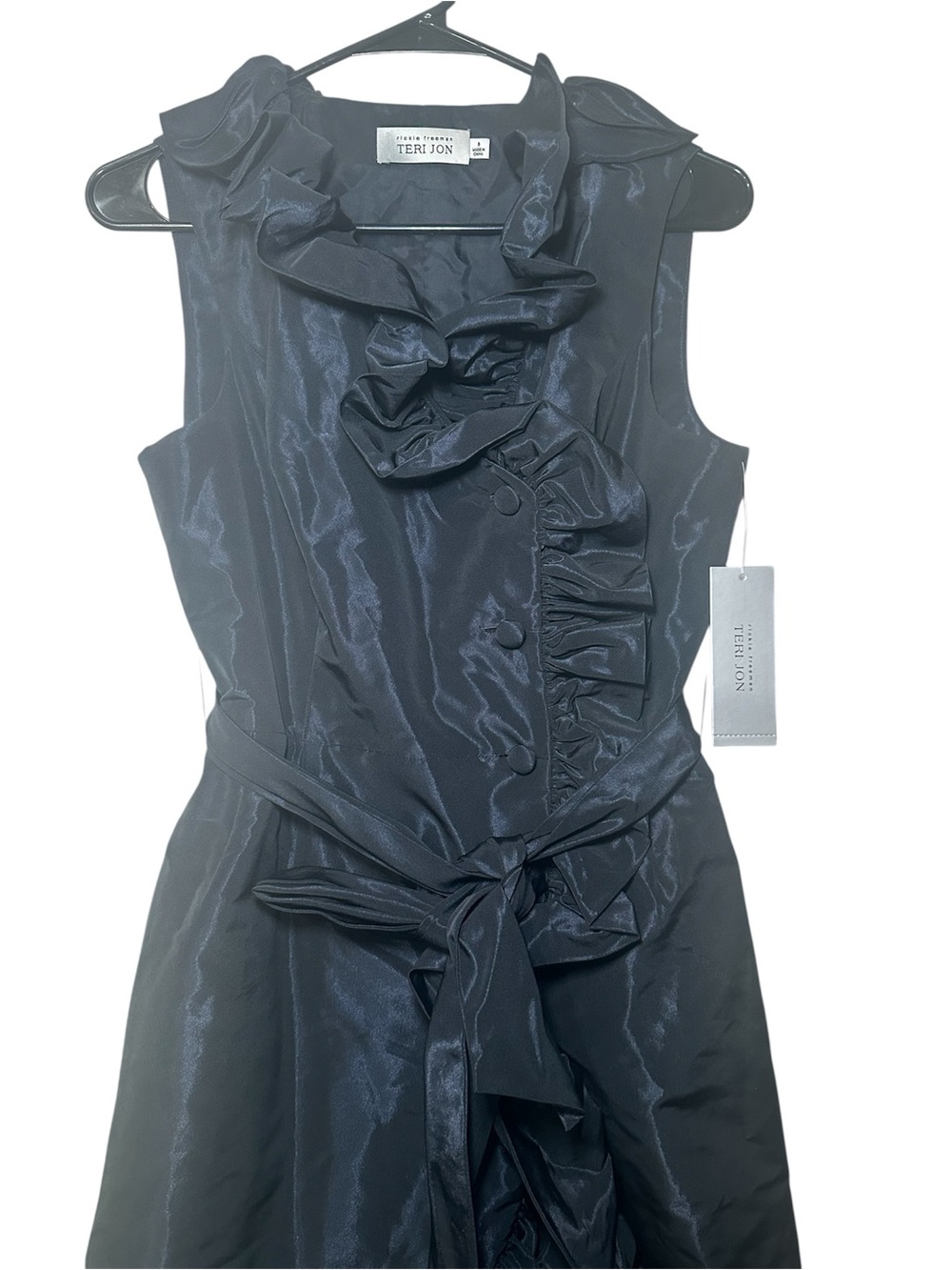 Teri Jon Navy Sleeveless Ruffle-Front Tie-Waist Dress